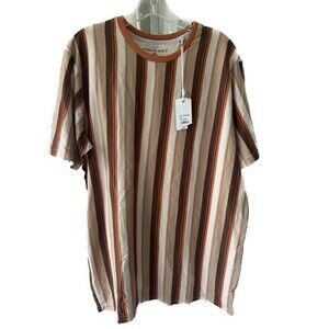 Free Planet NWT 100% Cotton Men's Beige Brown Stripes Short Sleeve T-Shirt L